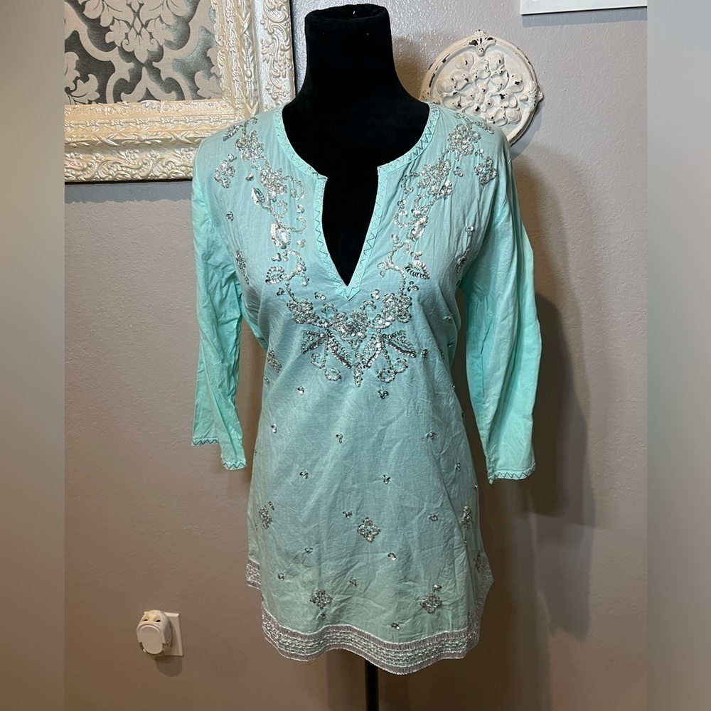 Embroidered beaded mint Aqua Tunic Top - Picture 4 of 10
